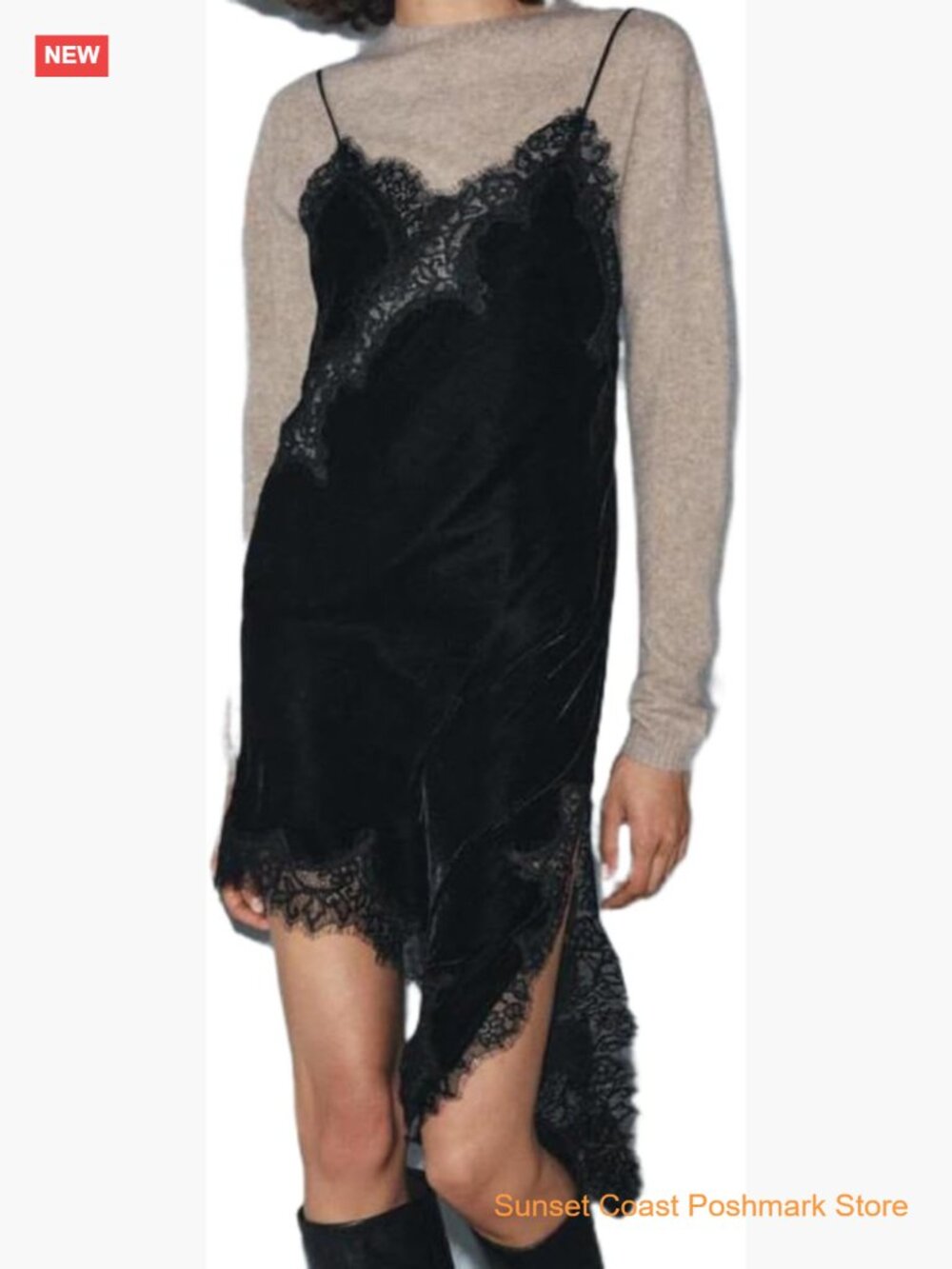 Velvet Lace Trim Cami Top Dress Y2K V Neck Spaghetti Strap Layering